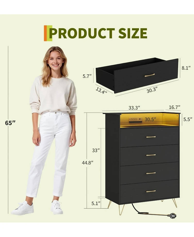 gaomon 4-Drawer Dresser for Bedroom with Charging Station & Rgb Lights, Tall Modern Wooden Chest of Drawers with App Control, Large Storage Cabinet