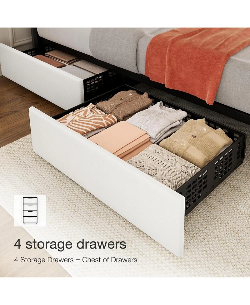 gaomon Queen Linen Upholstered Platform Bed Frame with 4 Storage Drawers, Adjustable Headboard, Wooden Slats Support.