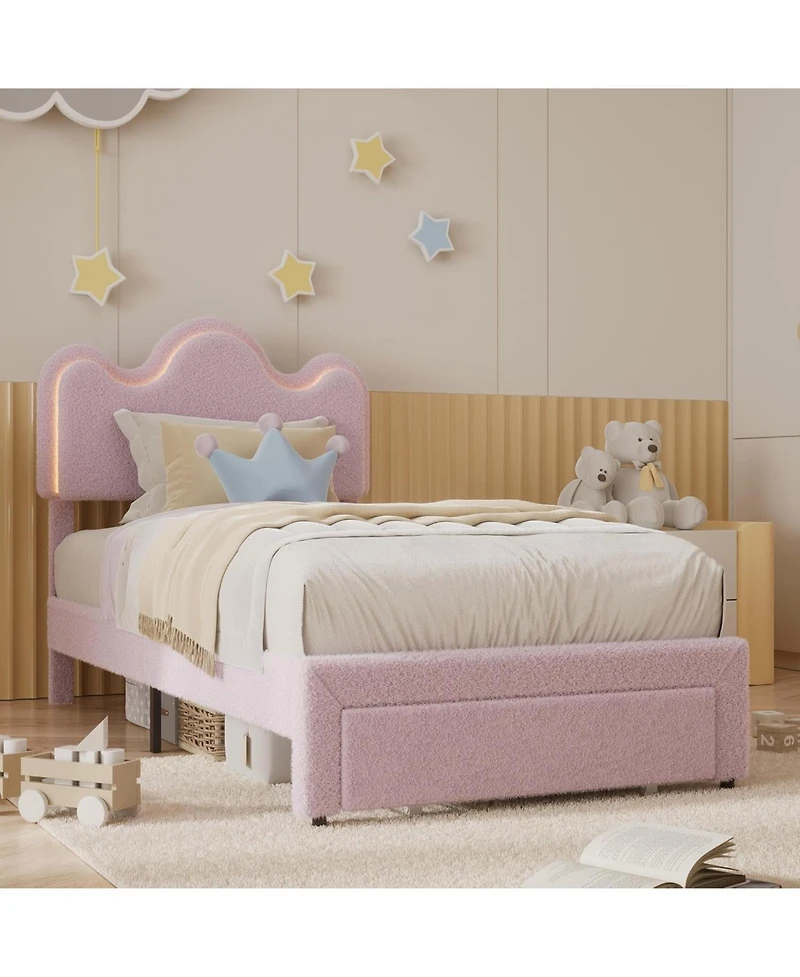 gaomon Twin Upholstered Led Bed Frame with Storage Drawers Girls Flower Headboard Boucle Princess Platform