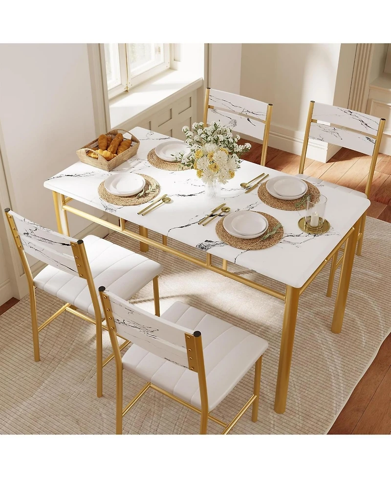 Ironck 27.6" W Dining Table Set for 4, Wood Kitchen Table with Upholstered Chairs, White & Gold