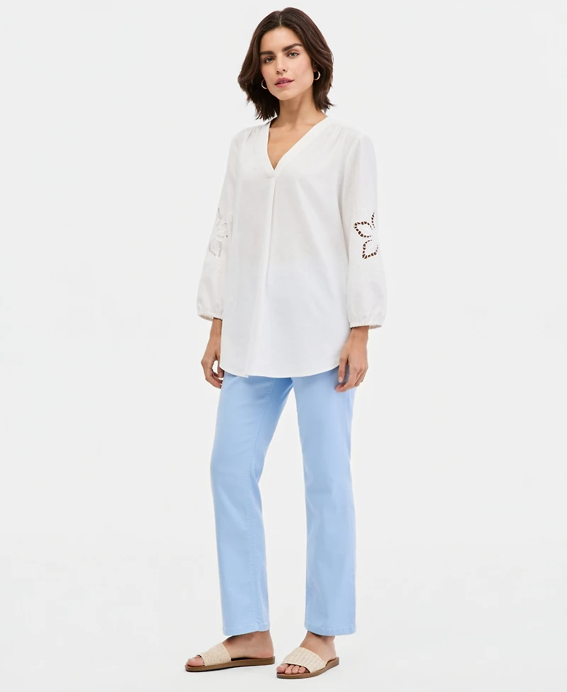 Jones New York Women's V-Neck Embroidered-Sleeve Linen-Blend Top