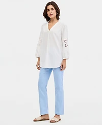 Jones New York Women's V-Neck Embroidered-Sleeve Linen-Blend Top