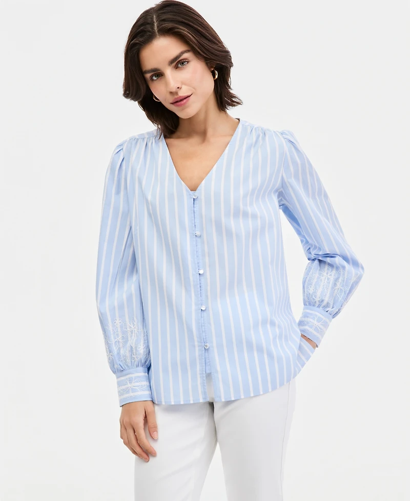 Jones New York Women's Cotton Embroidered-Sleeve Blouse