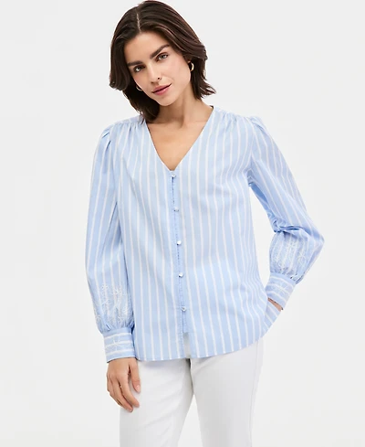 Jones New York Women's Cotton Embroidered-Sleeve Blouse