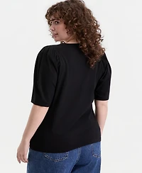 On 34th Trendy Plus Printed Ruched Puff-Sleeve Crewneck Top, Macy's Exclusive