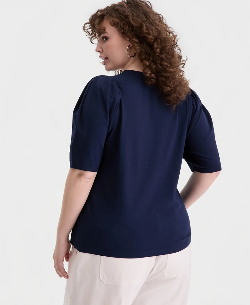 On 34th Trendy Plus Printed Ruched Puff-Sleeve Crewneck Top, Macy's Exclusive