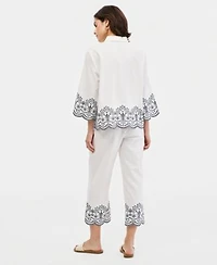 Jones New York Womens Embroidered Button Front Shirt Cropped Pull On Pants