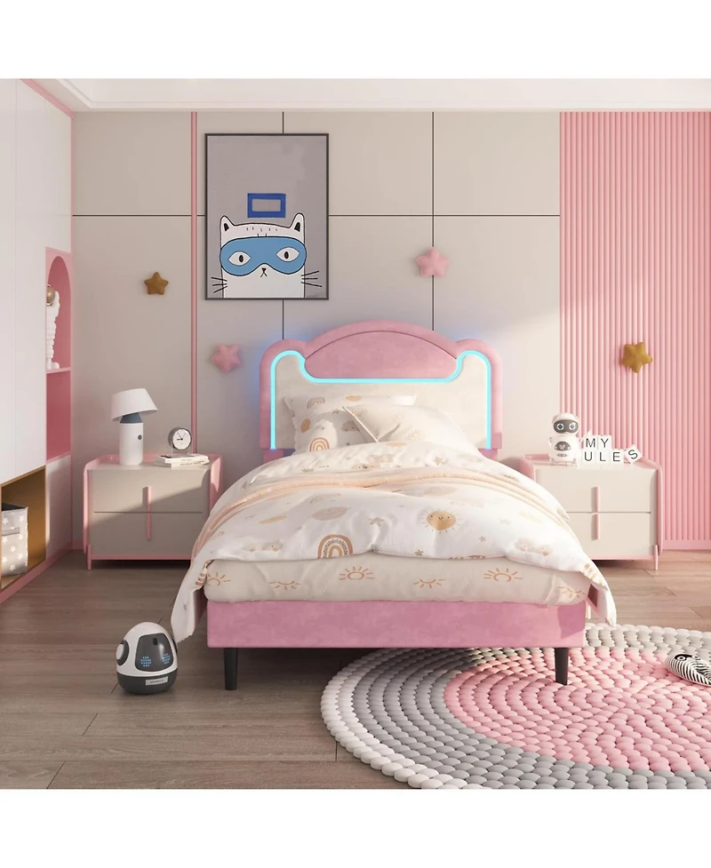 Gaomon Senfot Twin Bed Frame with Led Lights, Upholstered Fabric Headboard, Sturdy Wood Slat Support, No Box Spring Needed