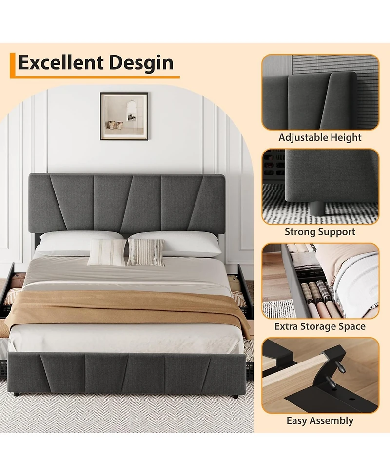 Gaomon King Size Bed Frame with Adjustable Headboard and 4 Storage Drawers
