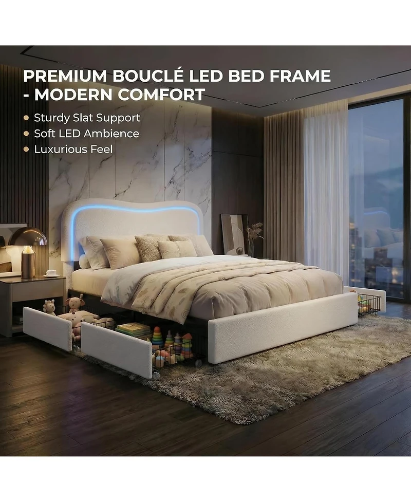 gaomon Boucle Bed Frame with Led Headboard and Storage Drawers
