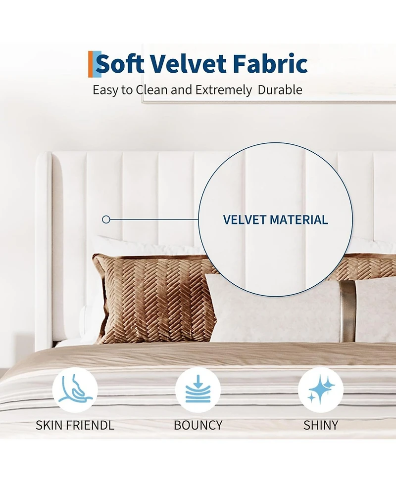 gaomon Full Velvet Bed Frame with Wingback Headboard, Wood Slats & No Box Spring Needed
