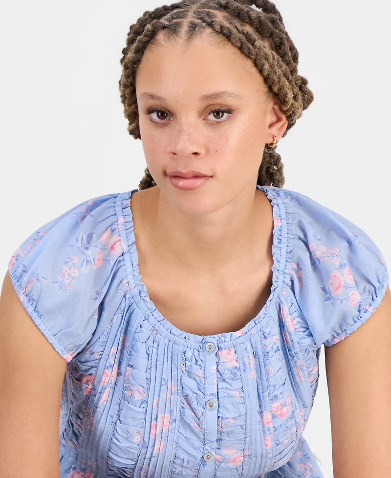 Lucky Brand Women's Round-Neck Ruched Button-Front Top