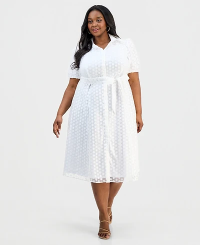 Sandra Darren Plus Clip Dot Puff-Sleeve Midi Shirtdress