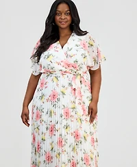Sandra Darren Plus Printed Flutter-Sleeve Maxi Dress