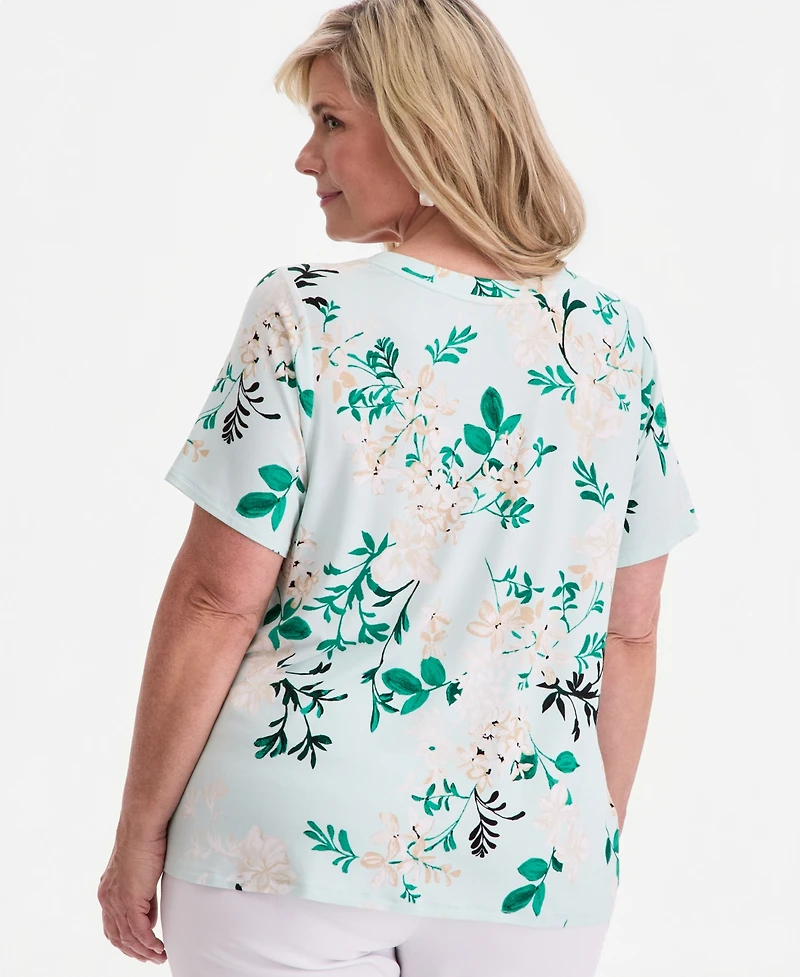 Jm Collection Plus Reve Garden V-Neck Lace-Up T-Shirt, Macy's Exclusive