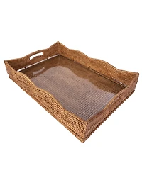 Artifacts Trading Company Rattan Scallop Rectangular Tray with Glass Insert