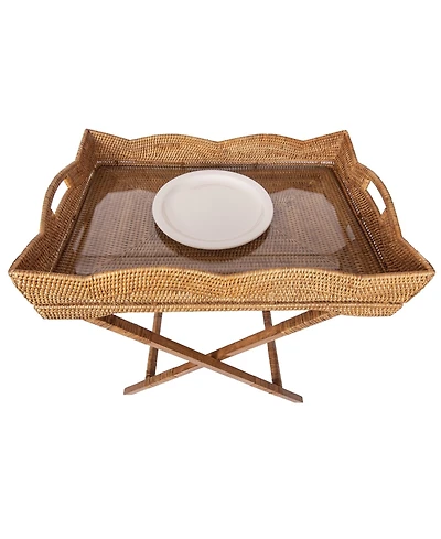 Artifacts Rattan Scallop Design Butler Tray with Wooden Legs & Glass Insert