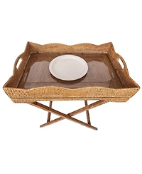 Artifacts Rattan Scallop Design Butler Tray with Wooden Legs & Glass Insert