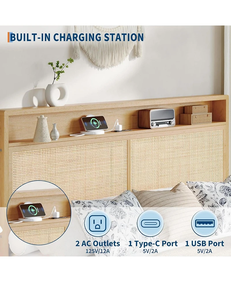 gaomon Rattan Bed Frame with Led Lights, Boho Wood Bed Frame with Storage Headboard & Charging Station, Silent Slats, No Box Spring