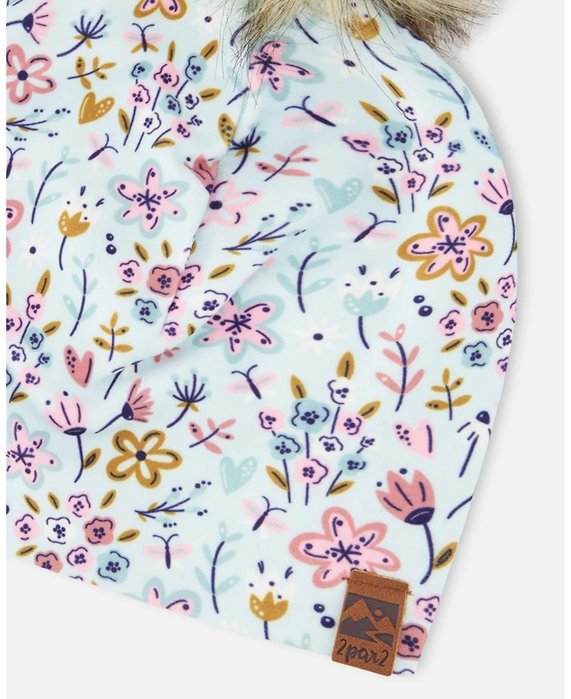 Deux par Girl Stretch Jersey Hat Blue Mini Flower Print with Pompom - Toddler|Child