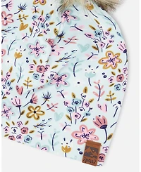 Deux par Girl Stretch Jersey Hat Blue Mini Flower Print with Pompom - Toddler|Child
