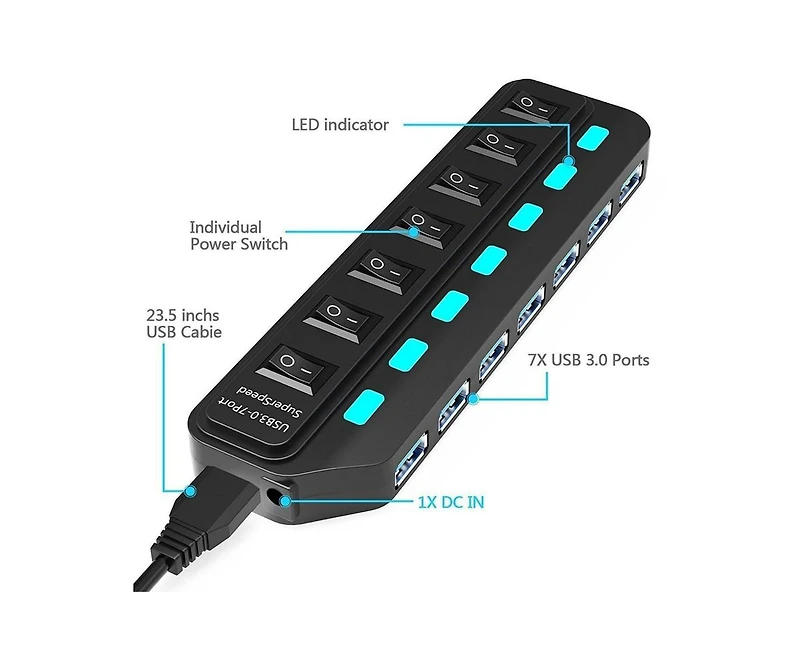 Risokeys 7-Port Usb 3.0 Hub, 5Gbps High Speed Data Transfer, for Laptop/Desktop, Ideal for Office Workers, Gamers & Home Users
