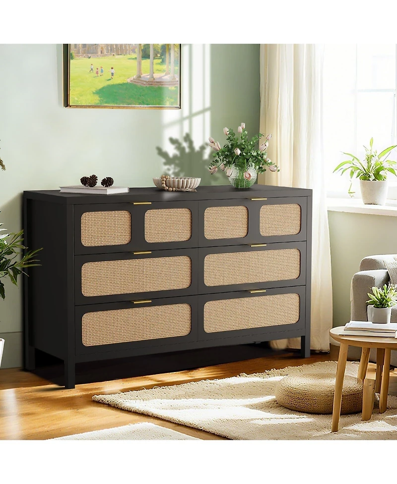 Gaomon 6 Drawers Dresser,Rattan Dresser with Metal Handles and Wood Legs