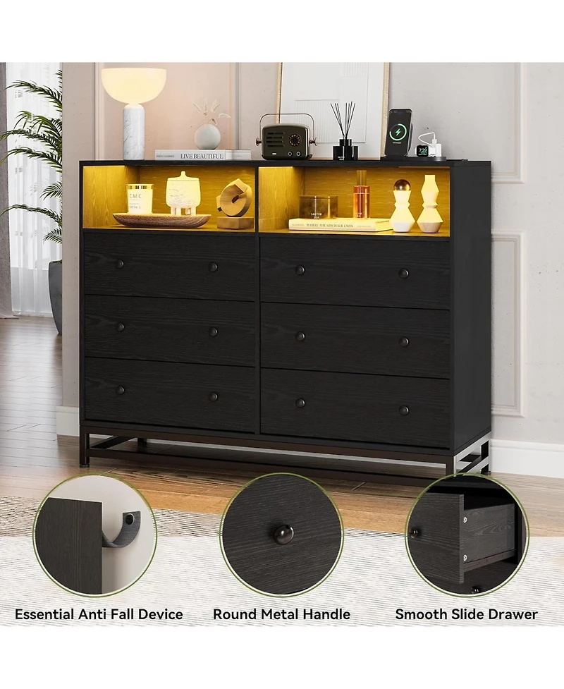 gaomon Dresser for Bedroom,Wide Wood Dresser with 6 Drawers,Storage Chest of Drawers with Plug-in Charging Hub&,Sturdy Steel Frame,55 Inch Tv Stand