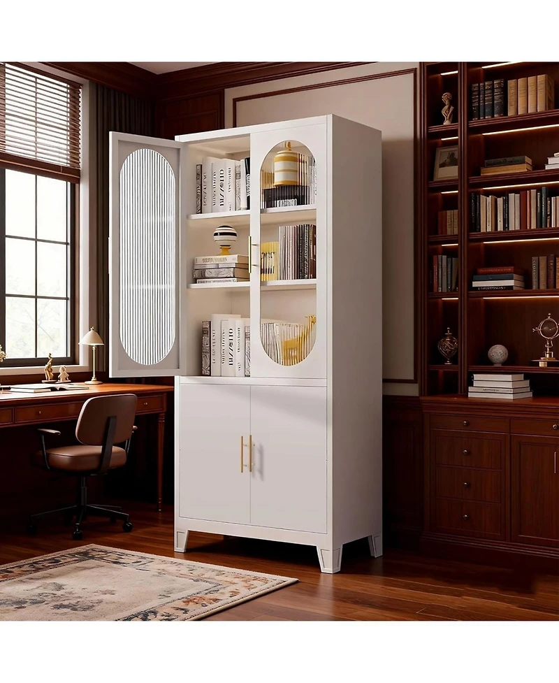 gaomon Fluted Glass Door Storage Cabinet, Cold Rolled Steel Tall Locker with Adjustable Shelf for Living Room, Bedroom, Garage