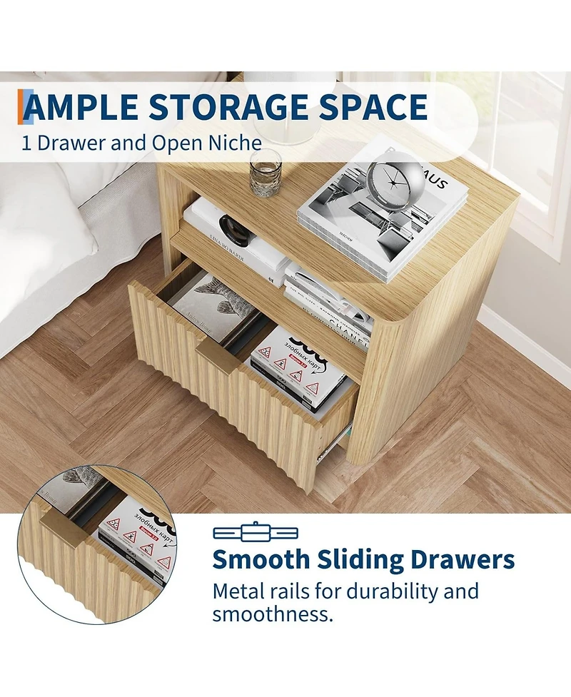 gaomon Fluted Farmhouse Night Stand with Charging Station, 23" Mid-Century Modern Nightstand