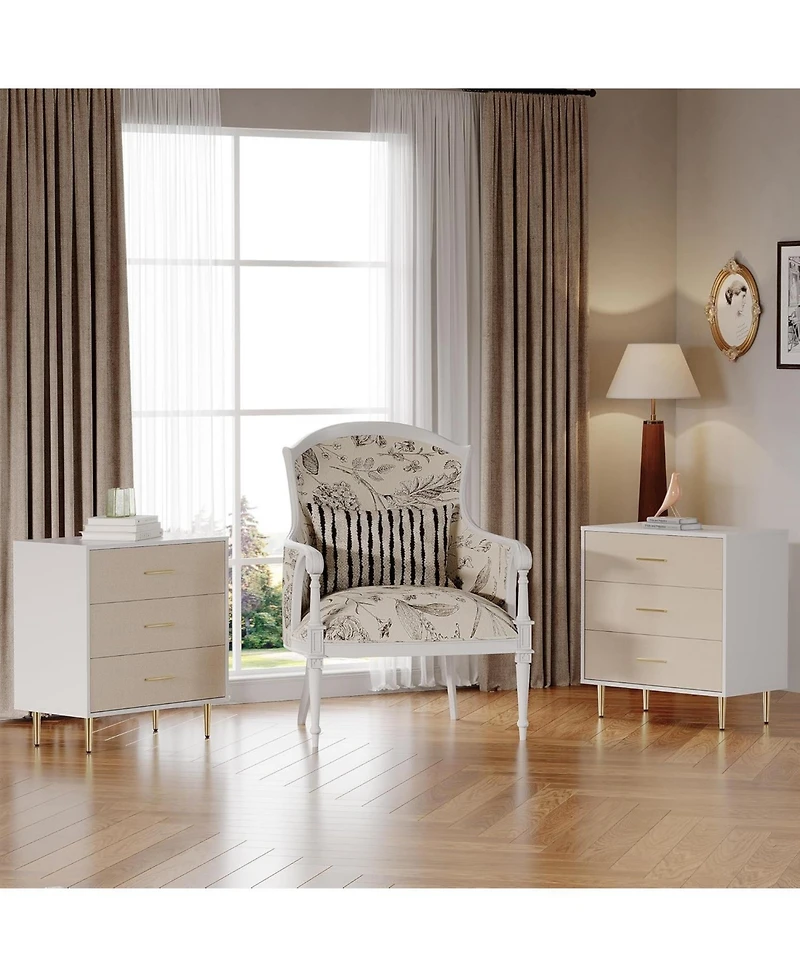 gaomon White Dresser with Handles,3-Drawer Wooden Nightstand & Narrow Accent Cabinet, Linen-Textured Modern Chest of Drawers for Living Room