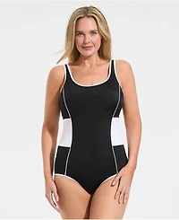 Lands' End Women's Tugless Scoop Neck Colorblock Low Leg One Piece