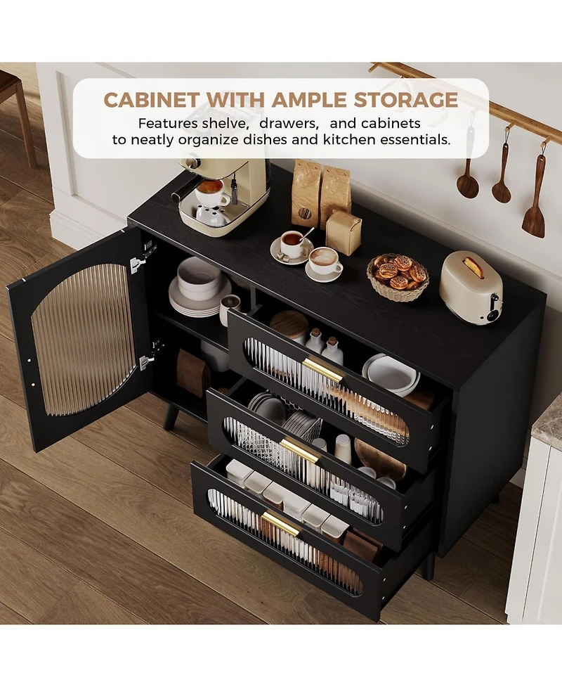 gaomon Modern Black Sideboard Cabinet with 3 Spacious Drawers & Fluted Glass Doors for Dining Room, Kitchen, or Living Room Storage