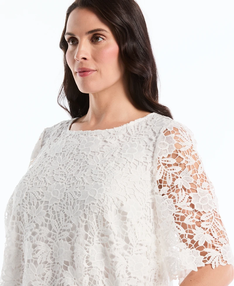 Rafaella Plus Scalloped Elbow-Sleeve Jewel Neck Lace Top