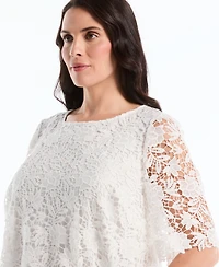 Rafaella Plus Scalloped Elbow-Sleeve Jewel Neck Lace Top