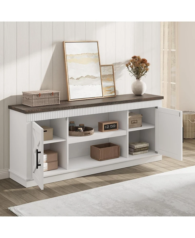 gaomon Farmhouse Tv Stand for 70/75 in TVs, 65 in Long Entertainment Center w/ 2 Door &Open Storage Shelf, Rustic Fluted Television Consoles Stands