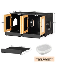 Cozito double cat litter box enclosure with rattan doors and pull out tray