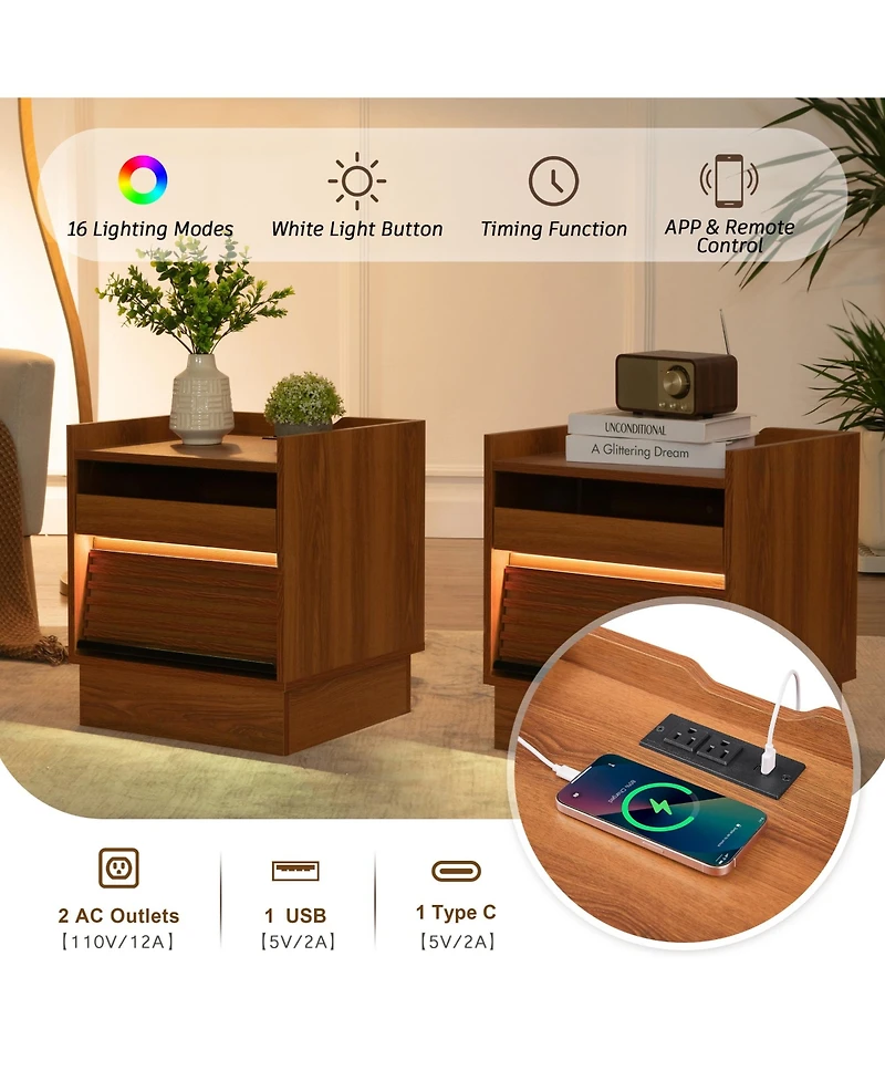 Rainsken Wooden Nightstand with Charging Station and Led lights, Mid Century Modern Bedside Table with 2 Drawers for Bedroom and Living Room (Yellow)