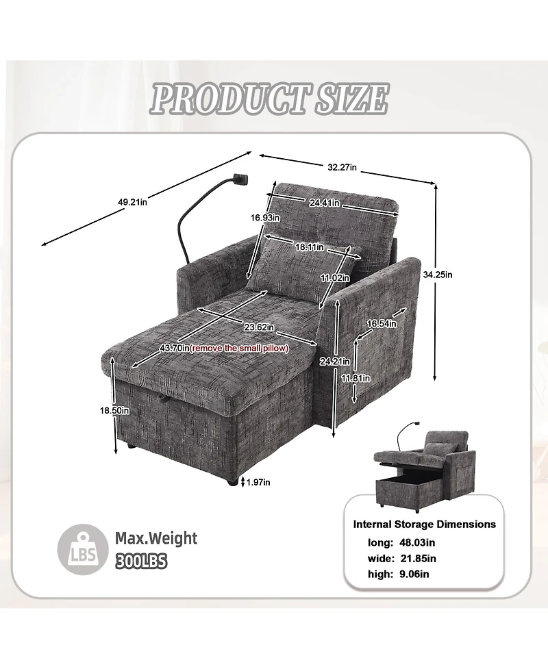 Boyel Living Multifunctional Chenille Sofa with Storage & Cell Phone Bracket, Single Sleeper Chair, Chaise Lounge Chair