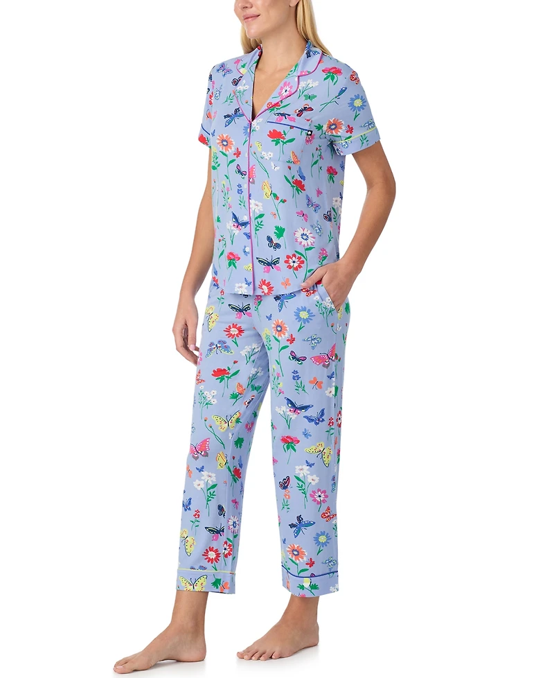 Kate Spade New York Sleepwear Short Sleeve Modal Jersey Notch Collar Cropped Pj Set