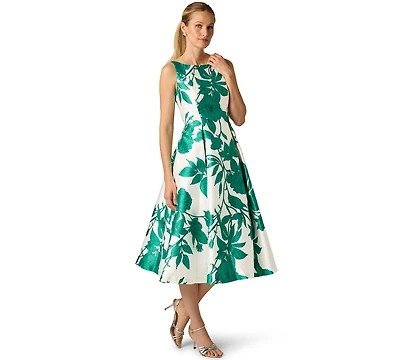 Adrianna Papell Women's Boat Neck Tea Length Gown