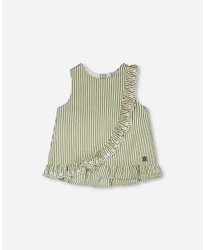 Deux par Toddler Girls Top Green & Off White Stripes with Embroidered Ruffle