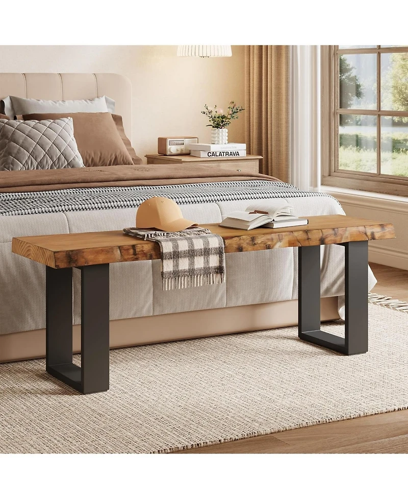 Tribesigns 47" Solid Wood Entryway Bench, Industrial Wooden Shoe Bench with Metal Legs, Narrow Long End of Bed Bench