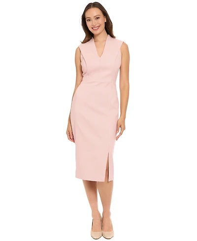 London Times Women's V-Neck Pleated Dress