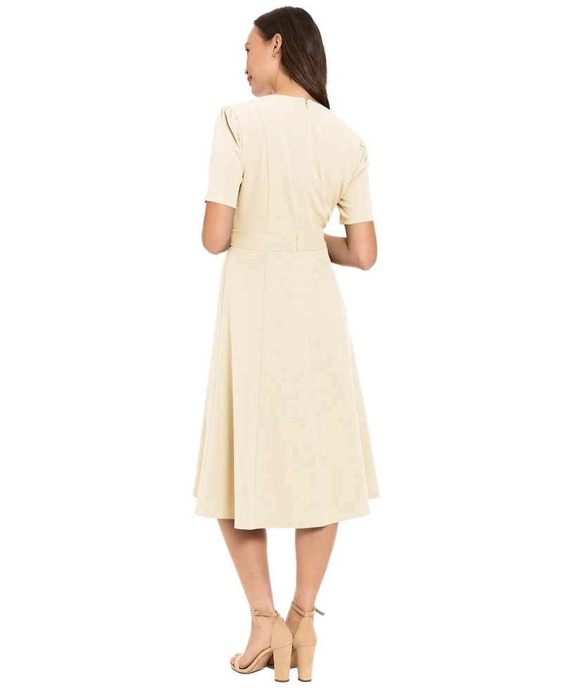 London Times Women's V-Neck Side Tab Midi Dress