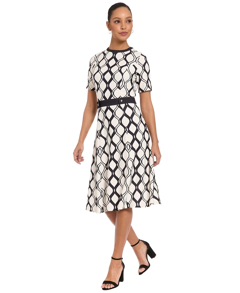London Times Women's Geometric Print Belted Dress