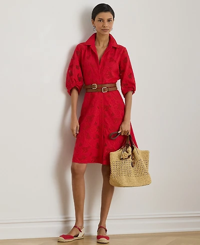 Lauren Ralph Petite Eyelet Voile Spread Collar Shirt Dress