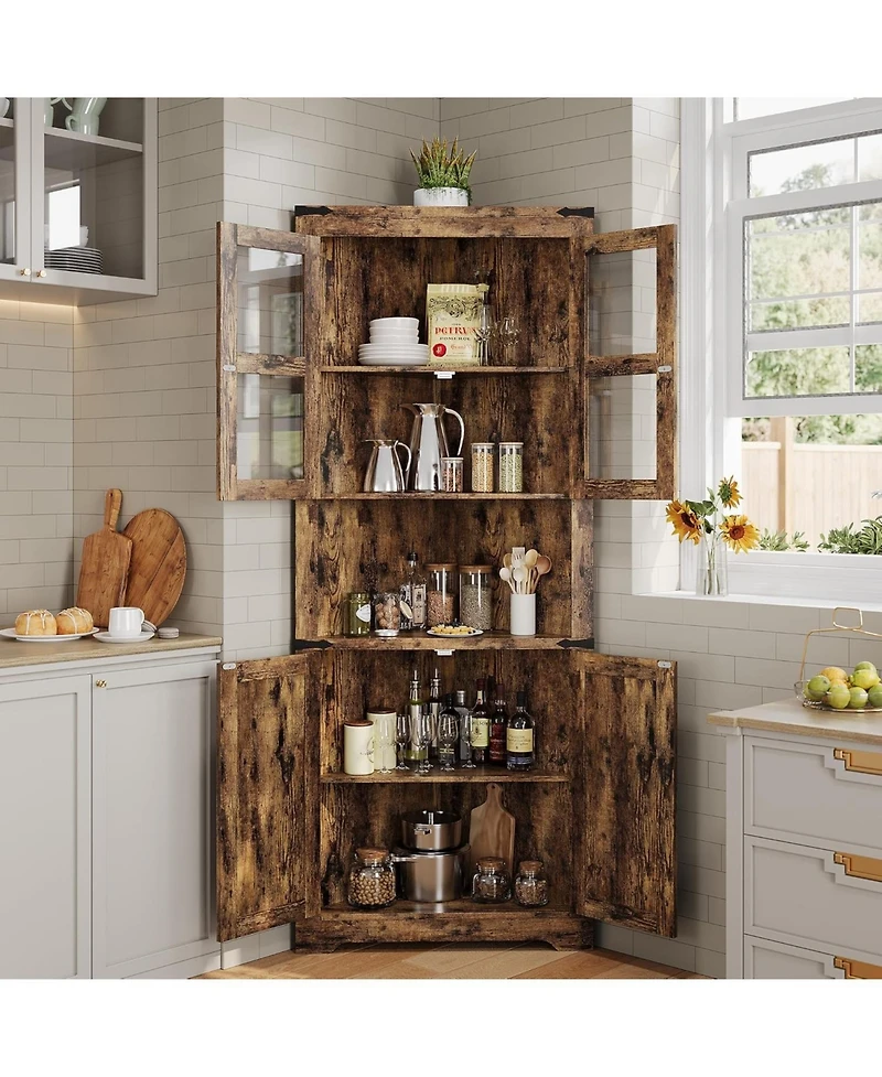 gaomon 67" Tall Corner Storage Cabinet with Lights, Farmhouse Wooden Corner Hutch with Glass Doors, Adjustable Shelves