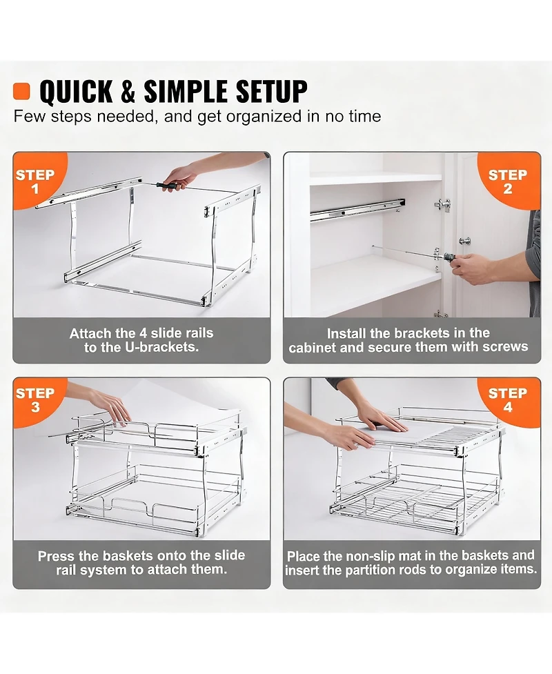 Yigii 2-Tier Pull Out Cabinet Organizer, Heavy Duty Steel, Smooth Sliding, Easy Install, Kitchen and Bathroom