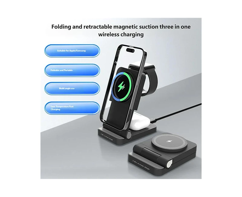 Risokeys 3-in-1 Magnetic Wireless Charger with Charging Port - Folding Desktop Charger for Apple, MagSafe Wireless Charging
